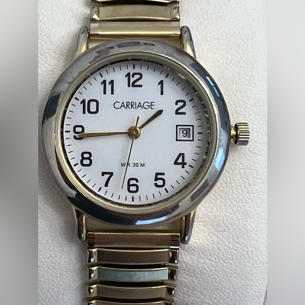 Carriage Ladies Watch Indiglo White Dial Gold Tone Stretch Bracelet Date Window